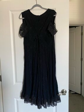 Vintage Black Lace-Trim Midi Dress with Delicate Sleeves